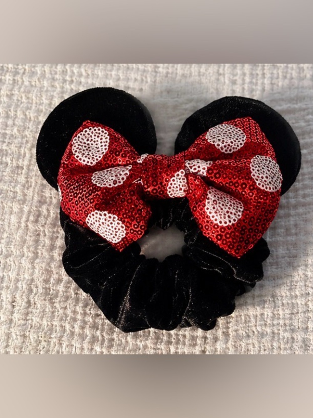 Red and Black Polka Dot Minnie Mouse Bow Hair Scrunchie